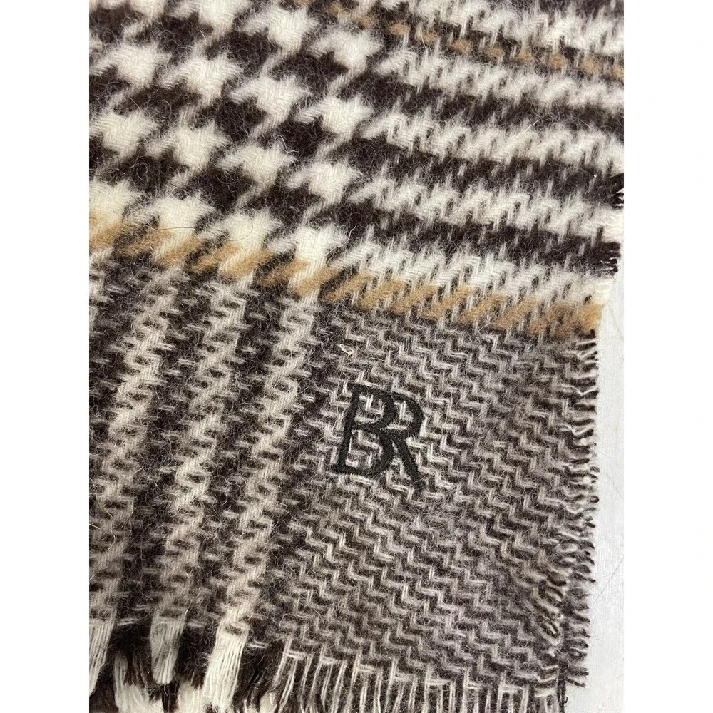 Banana Republic Mens 100% Wool Houndstooth & Plaid Scarf Brown Tan Cream NWT $75